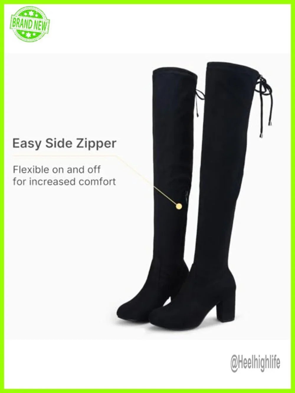 Thigh High Suede Over the Knee Boots with Zipper, Chunky Heel, Round Toe,